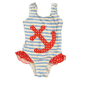 Flap Happy Girls One Piece Swimsuit Size 3 Light Blue Stripes With Red Trim